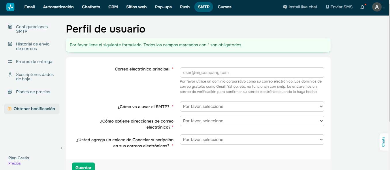 send pulse perfil de usuario