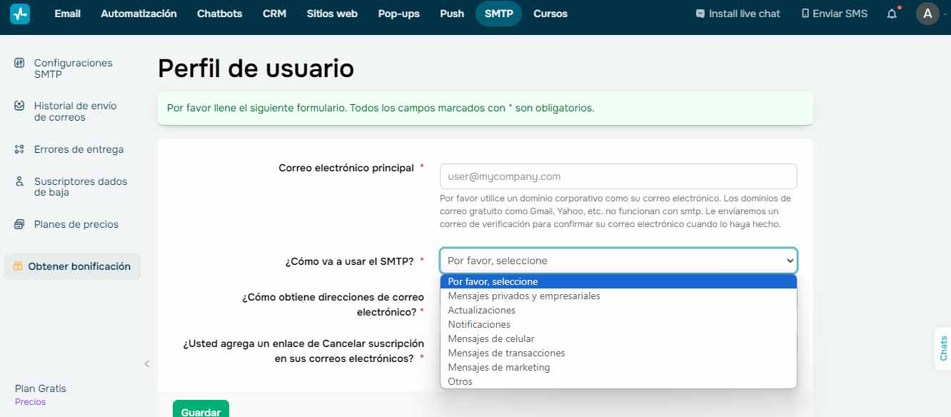 send pulse perfil de usuario