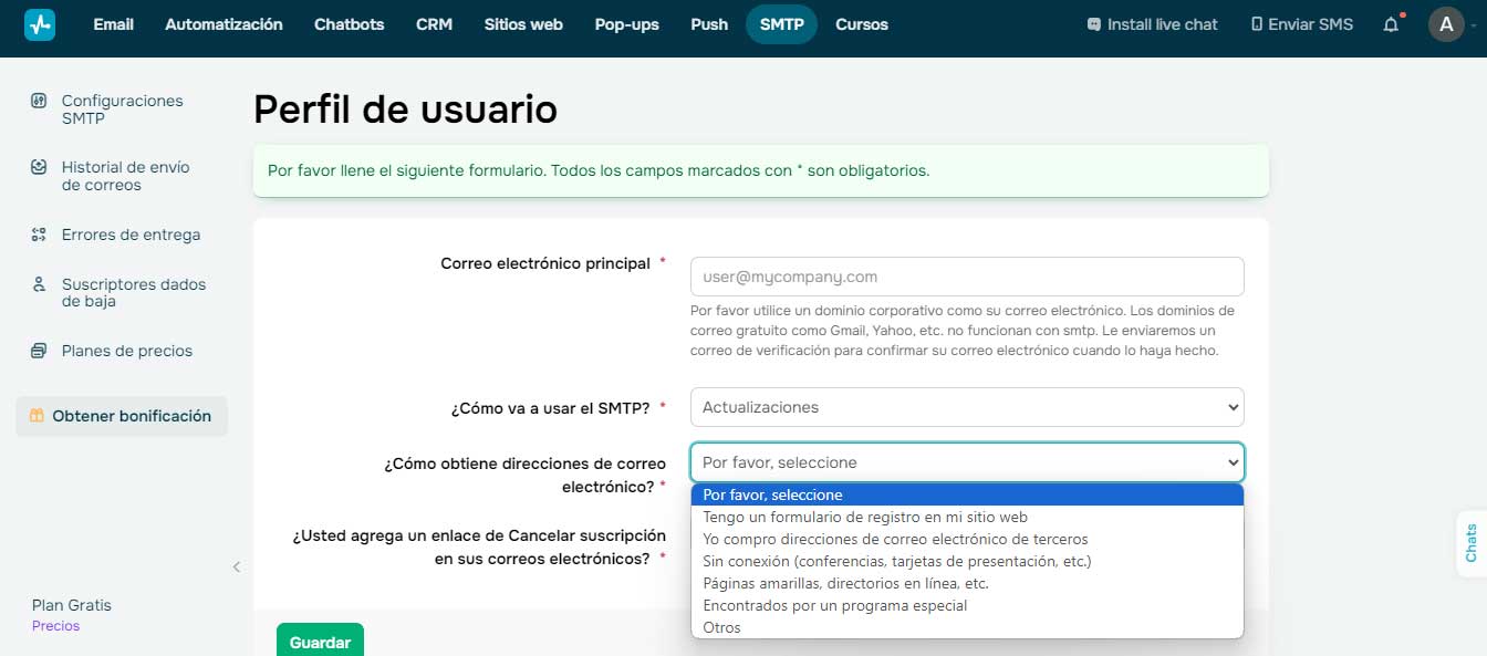 send pulse smtp correo electronico