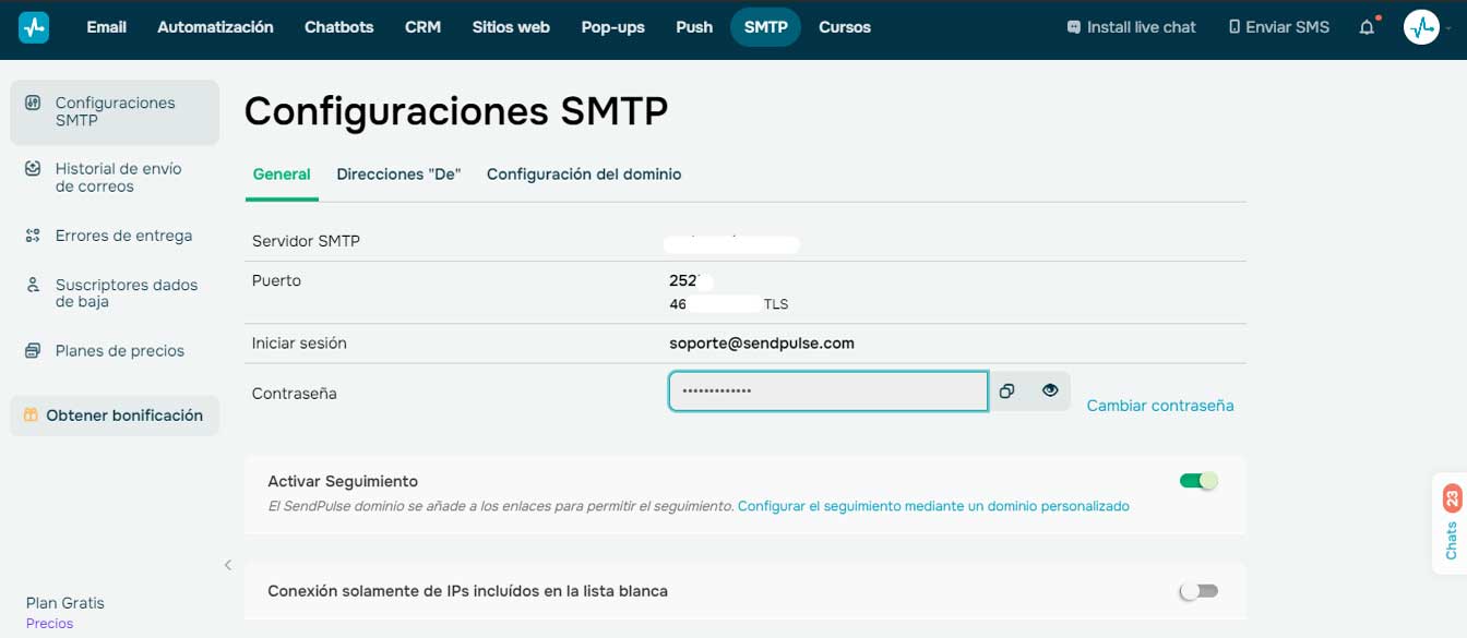 Send pulse - Configuración del SMTP