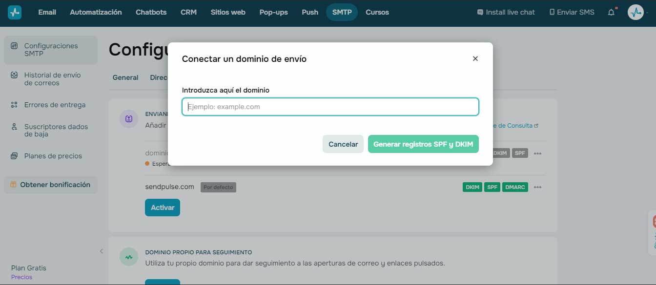 send pulse SMTP conectar con un dominio