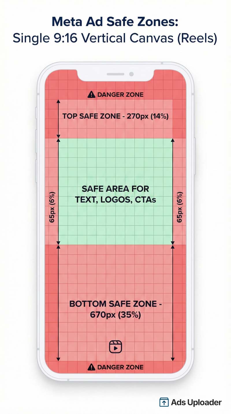 Diagrama de zonas seguras de Meta Ads para anuncios verticales con márgenes superiores, inferiores y laterales